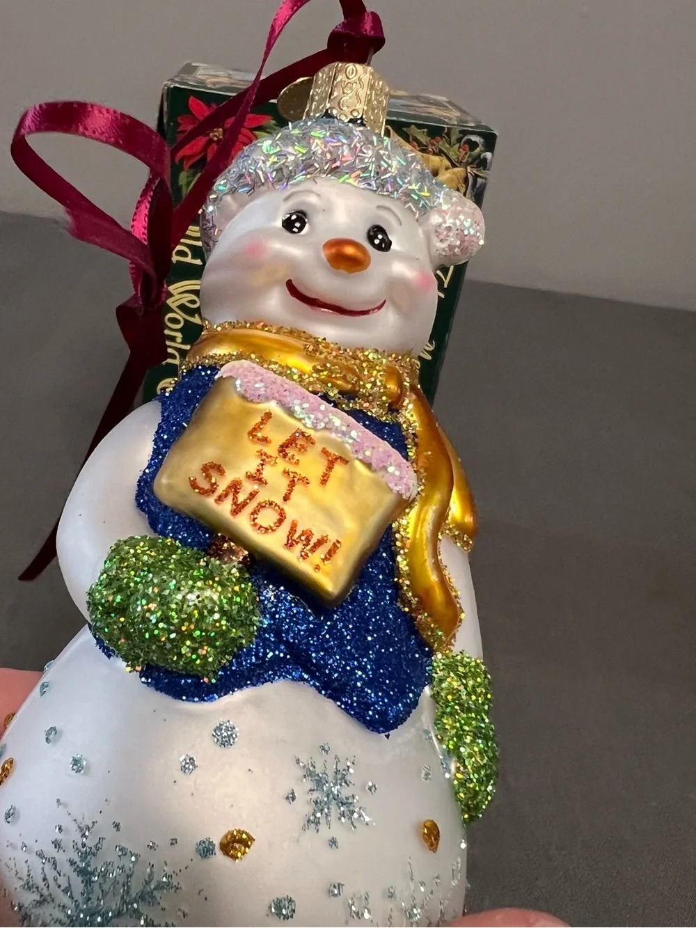 Old World Christmas Glass Glistening “Let It Snow” Snowman Ornament 5.5”